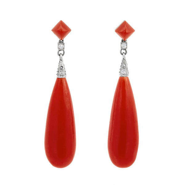 Art Deco Platinum and 18k Oxblood Coral and Diamond Drop Earring