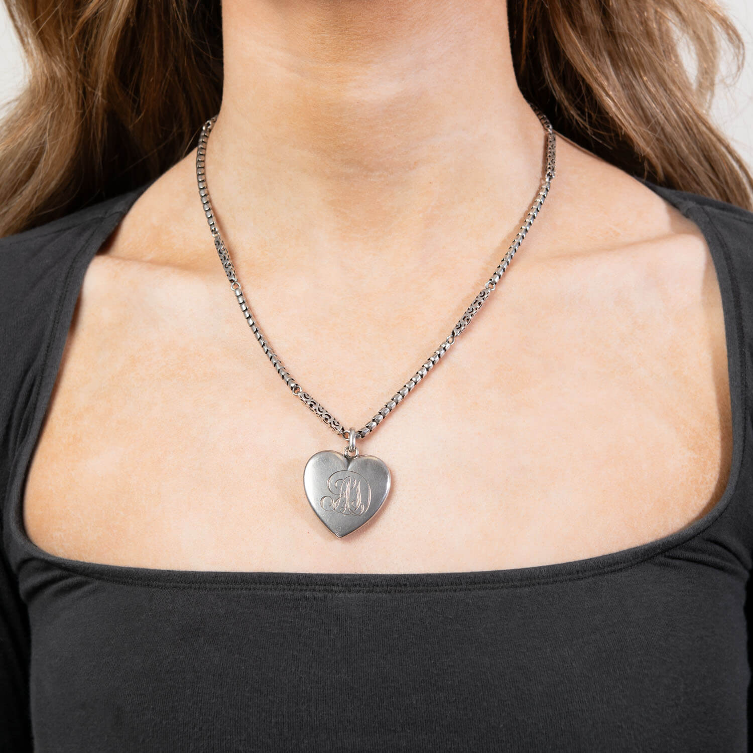 Victorian Sterling Silver Heart-Motif Locket Pendant Necklace