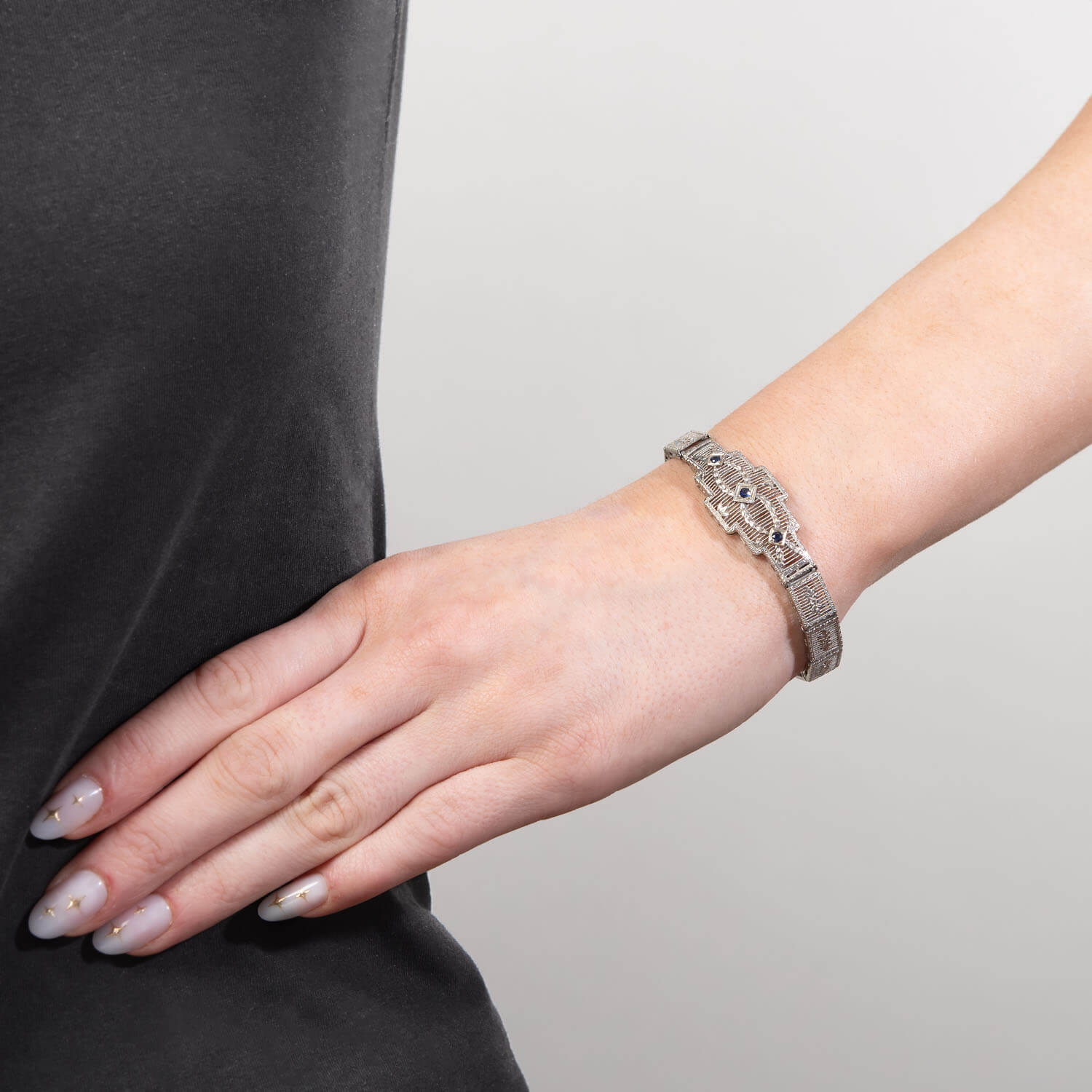 Art Deco 14k White Sapphire Filigree Line Bracelet