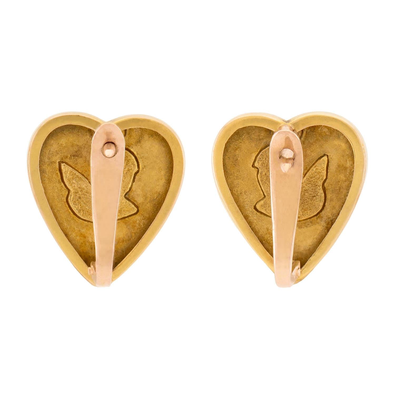 Victorian 14k Enamel Heart Motif Cherub Earrings