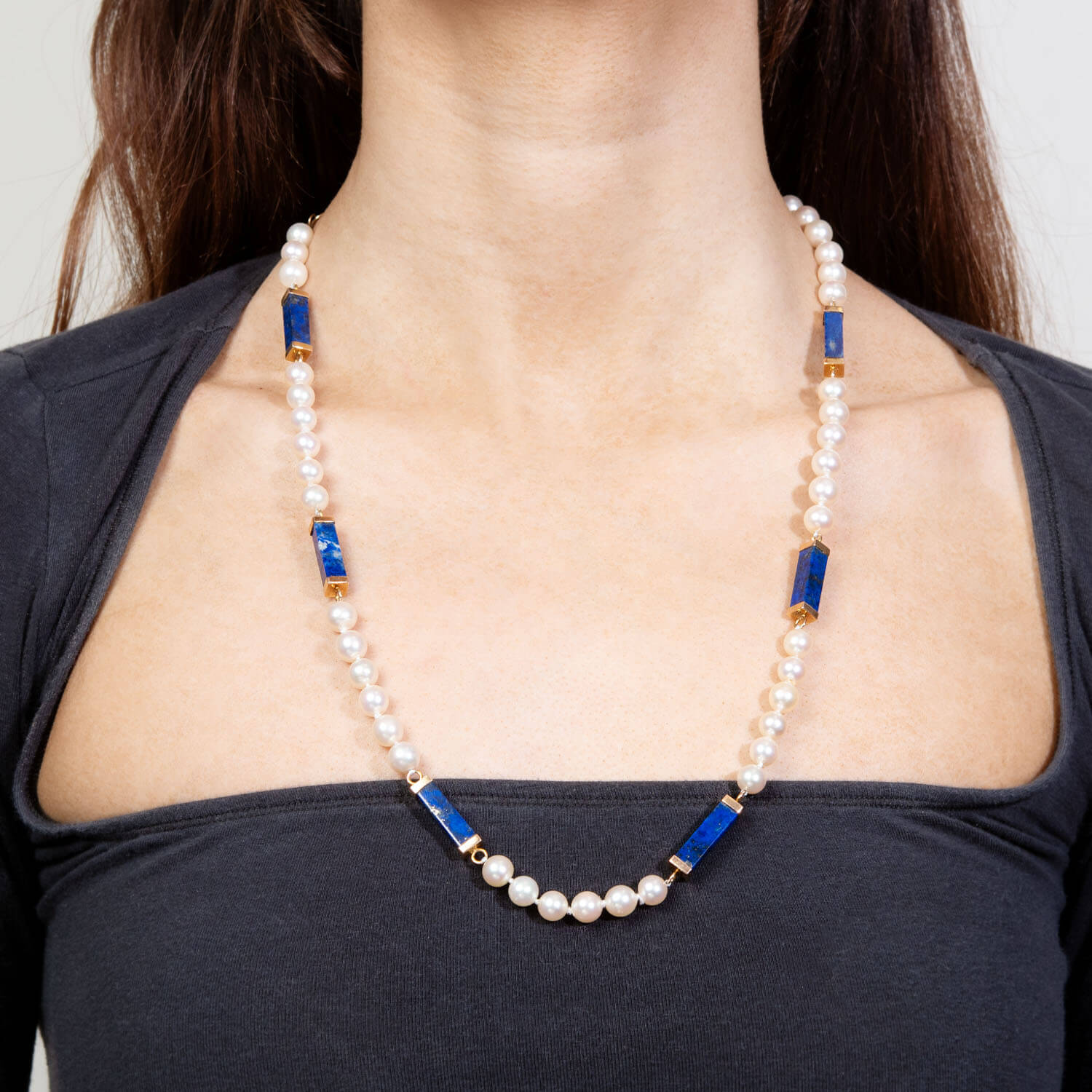 Estate 14k Pearl and Lapis Lazuli Bead Necklace