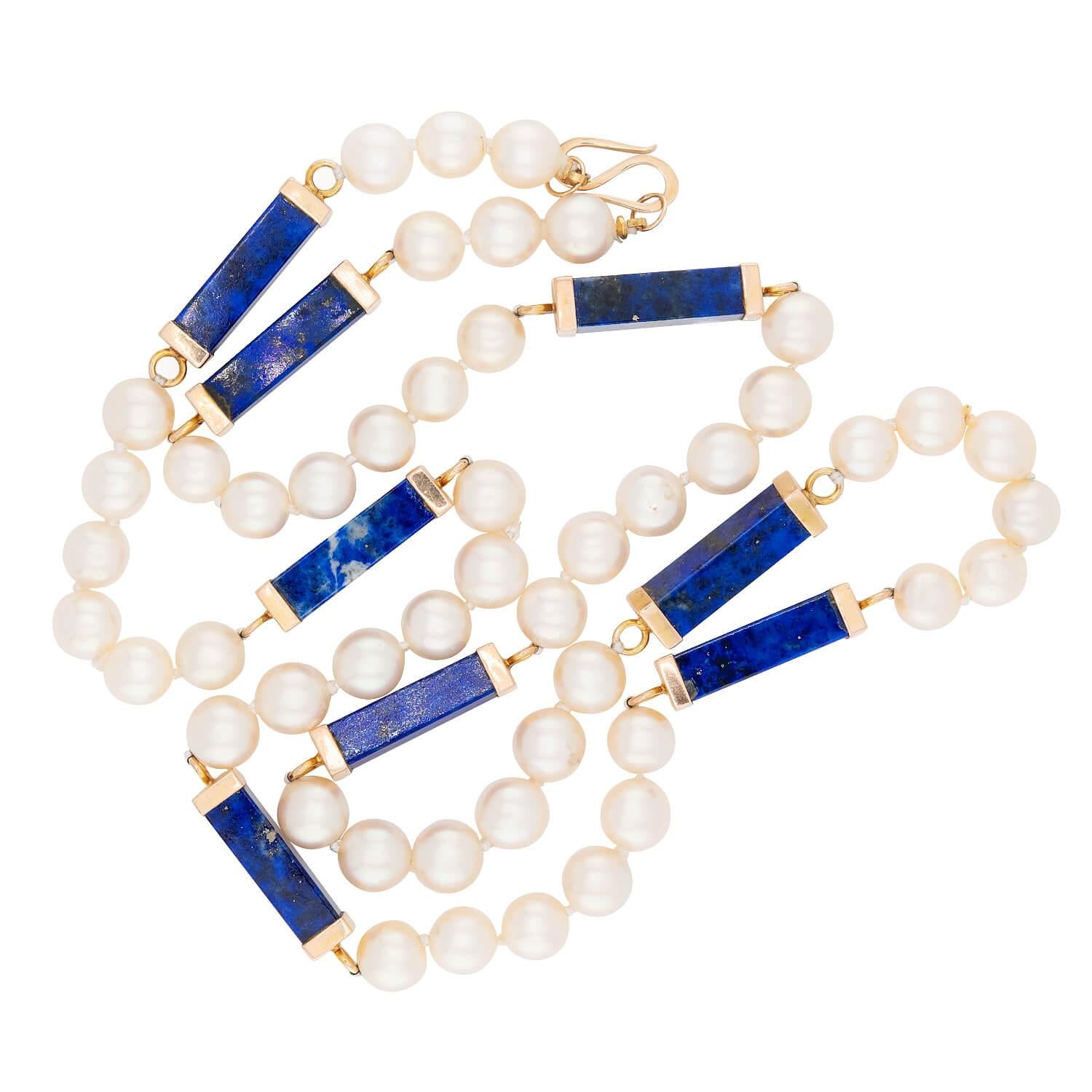 Estate 14k Pearl and Lapis Lazuli Bead Necklace
