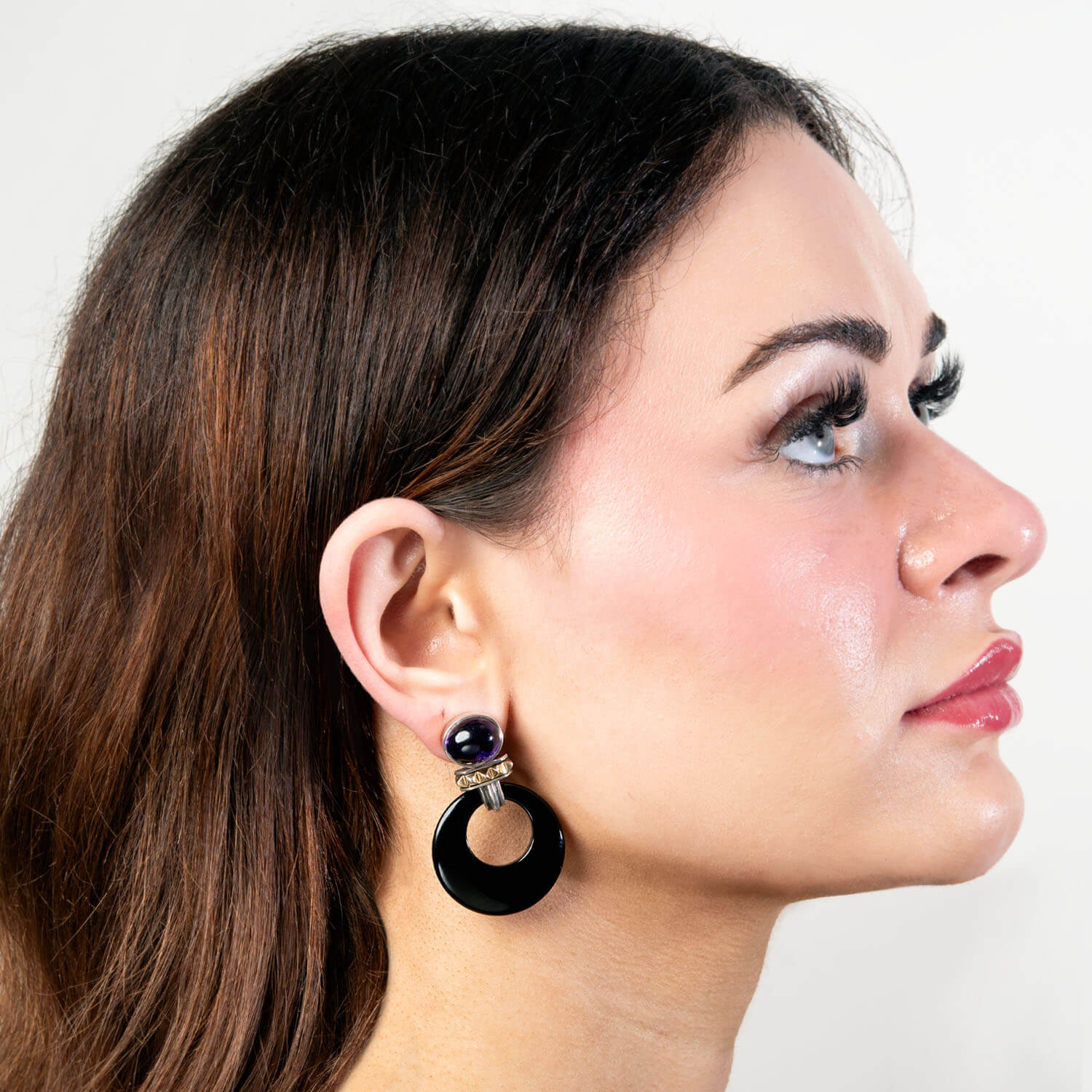 LAGOS Estate 18k/Sterling Silver Amethyst and Onyx Hoop Earrings