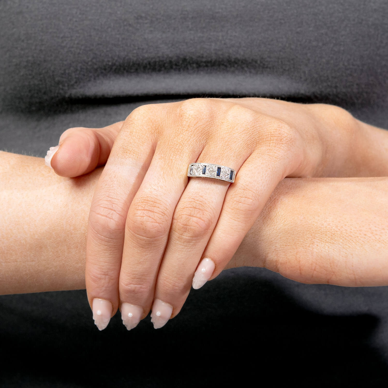Edwardian 18k Platinum Diamond Sapphire Ring