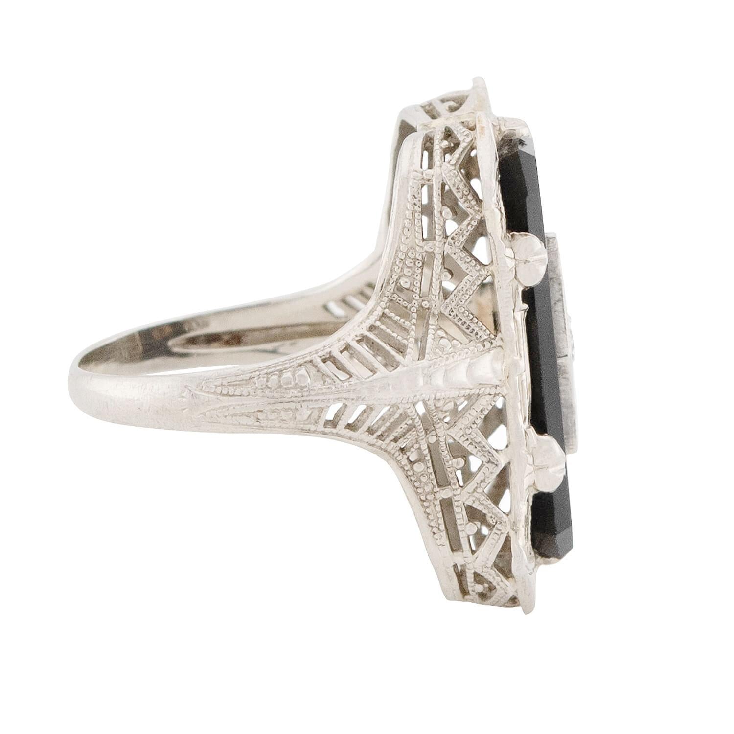 Art Deco 14k Onyx and Diamond Filigree Ring