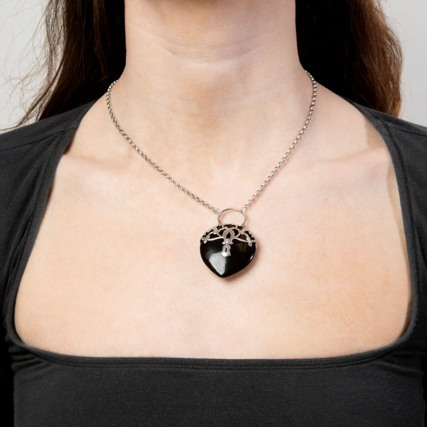 Victorian Sterling Silver Carved Horn Padlock Pendant Necklace