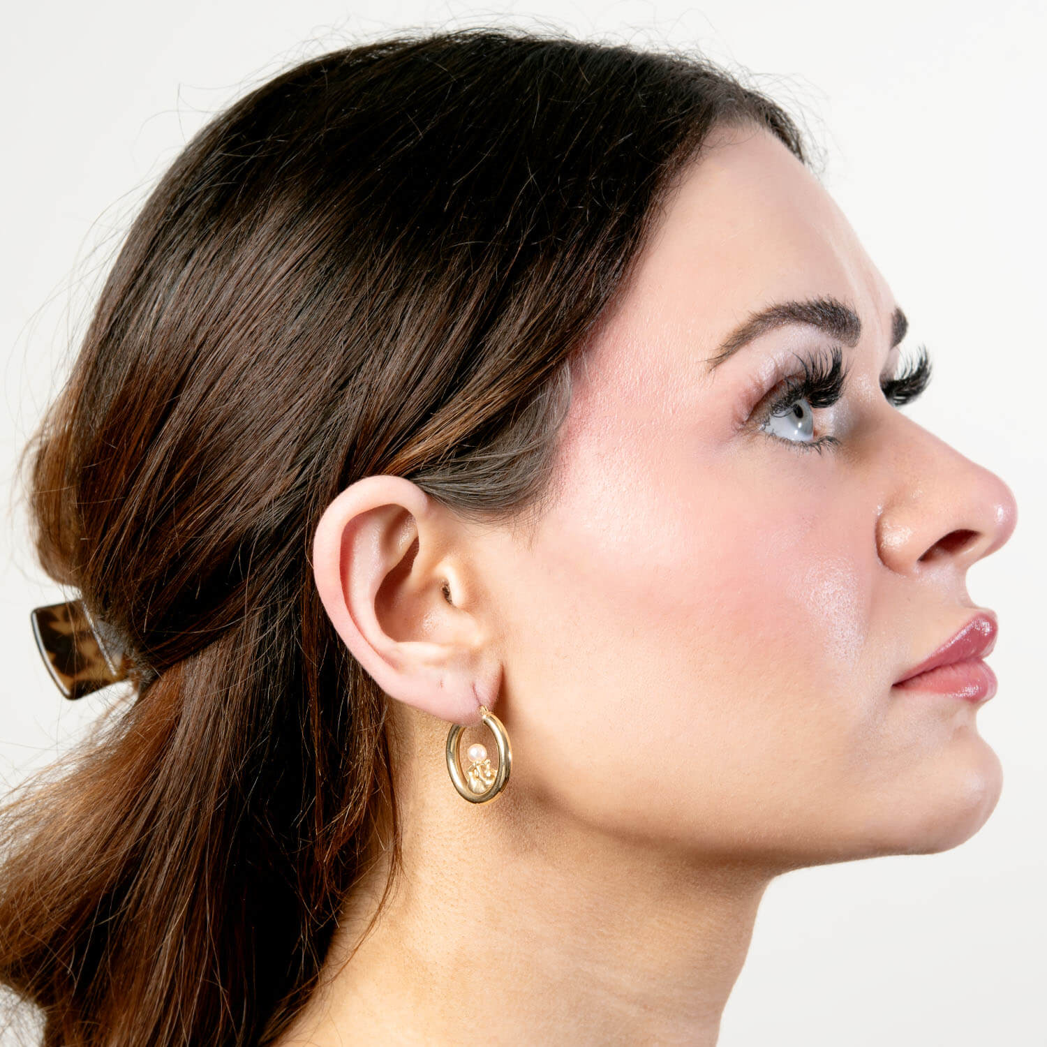 Estate 14k Pearl Cat Motif Hoop Earrings