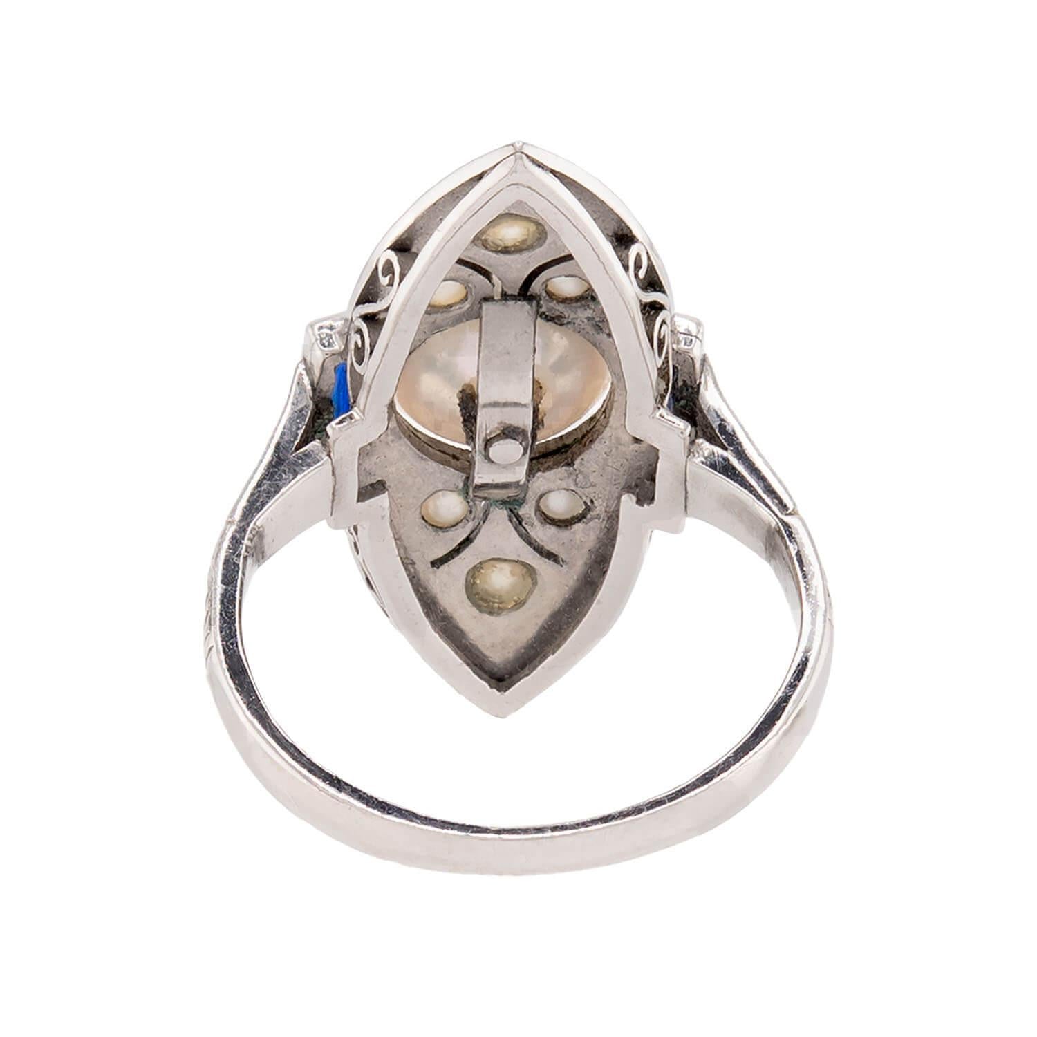 SCHNELWAR & SONS, J Art Deco 18k Pearl and Sapphire Navette Ring