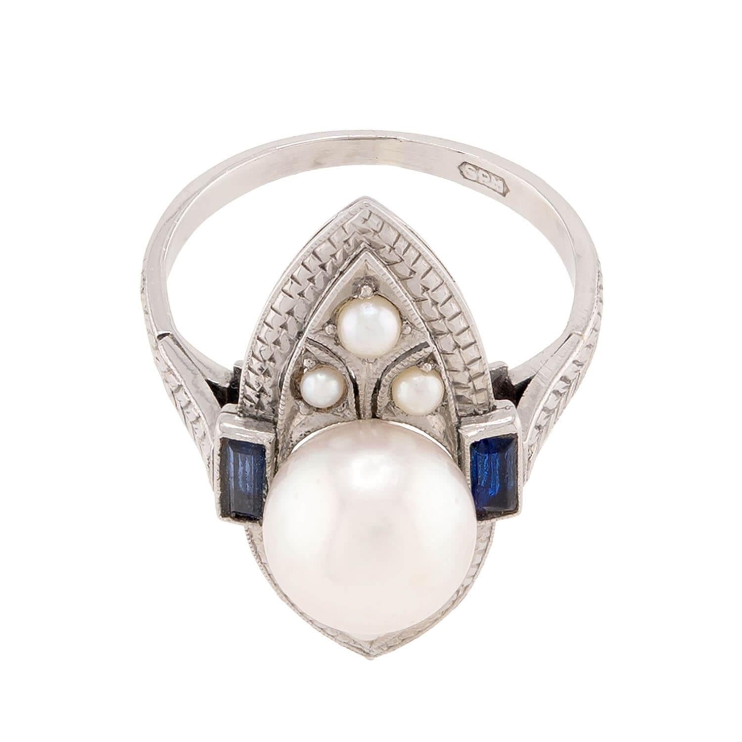 SCHNELWAR & SONS, J Art Deco 18k Pearl and Sapphire Navette Ring