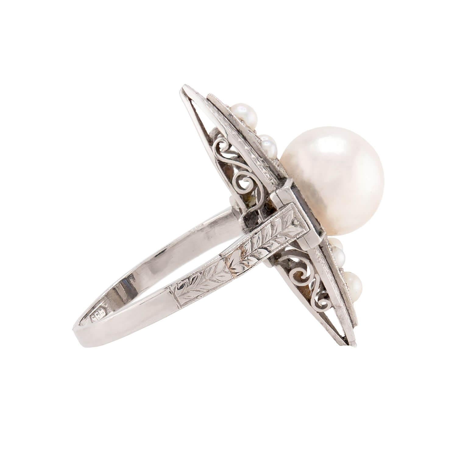 SCHNELWAR & SONS, J Art Deco 18k Pearl and Sapphire Navette Ring