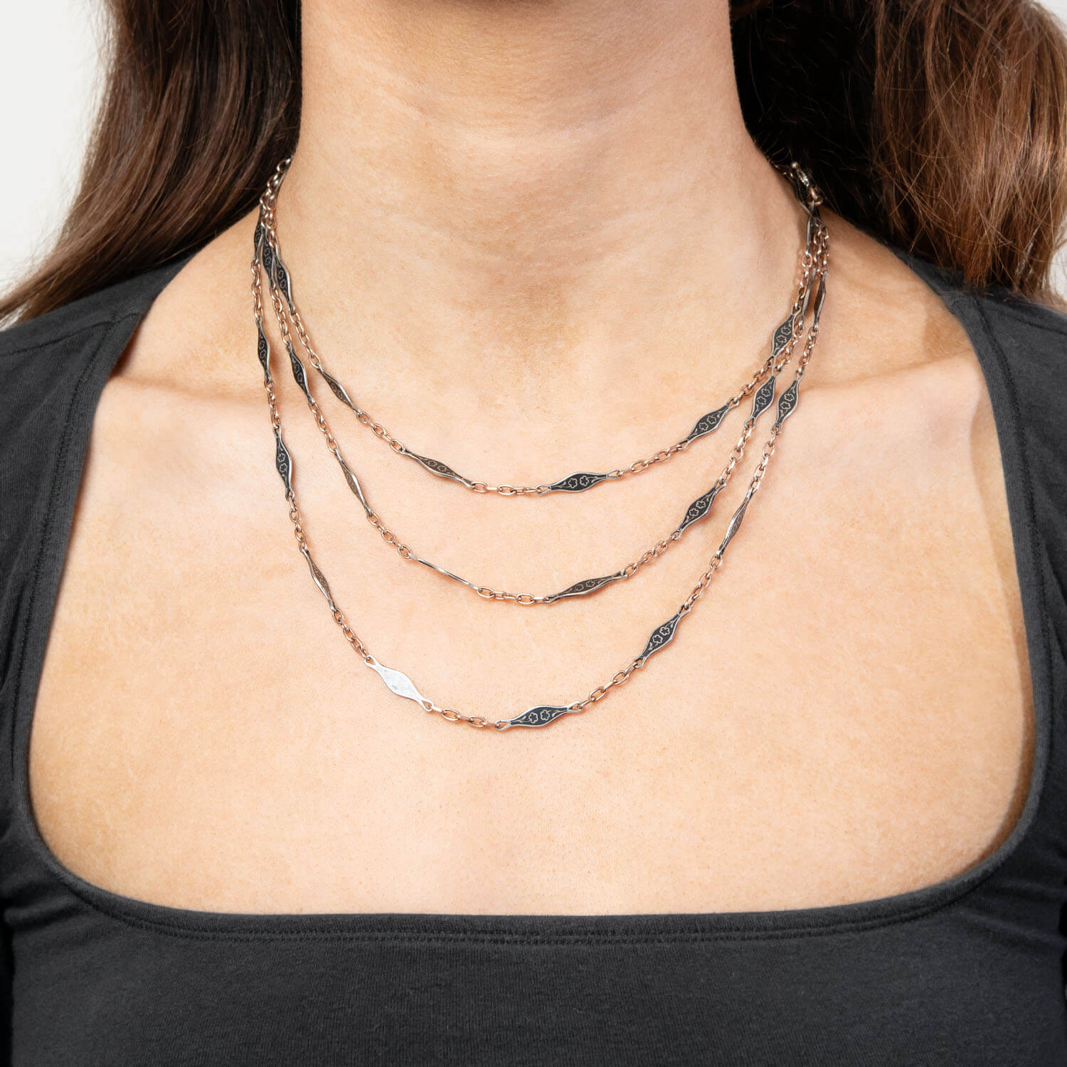 Victorian 9k/Sterling Silver Gold Niello Chain 58"