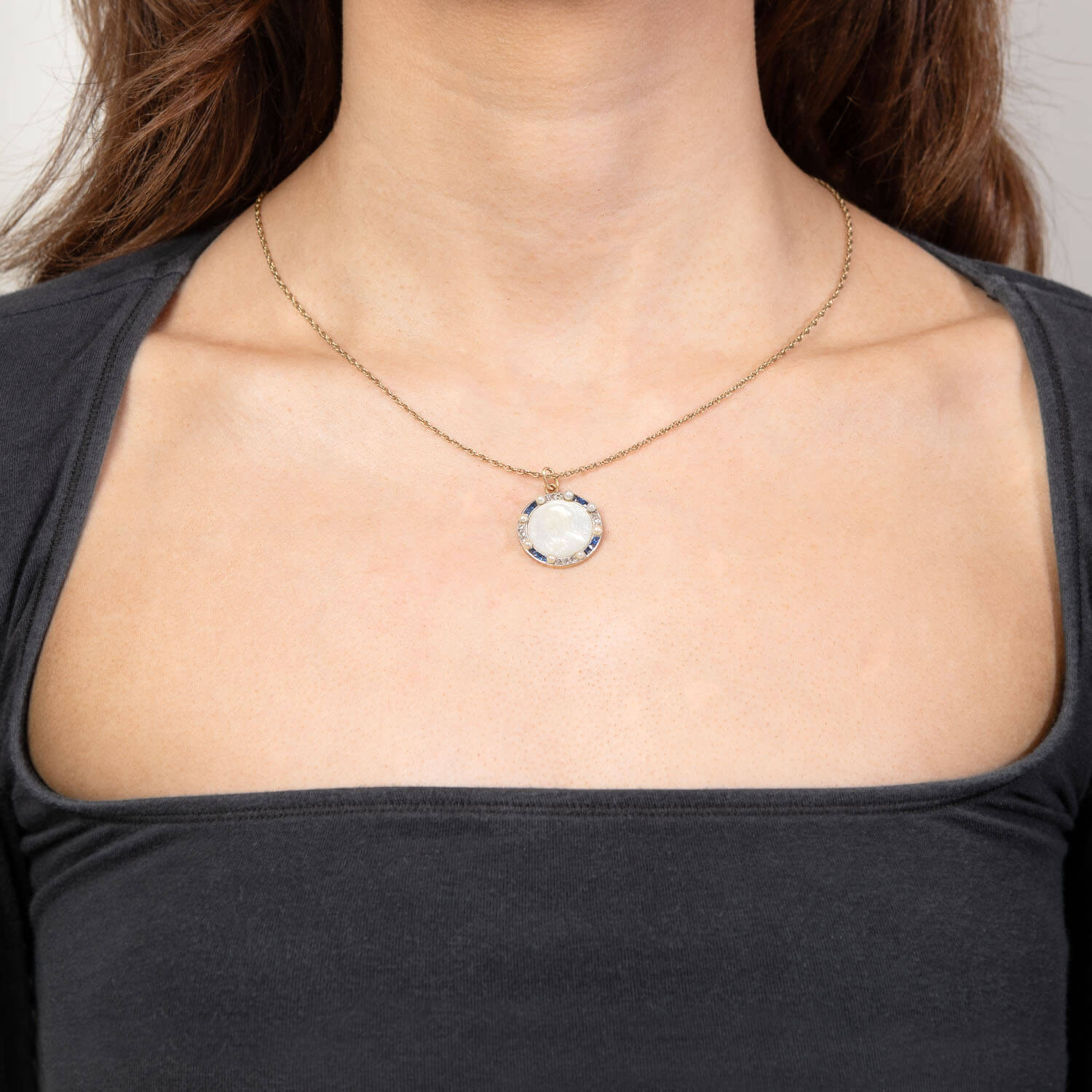 Art Deco 18k Mother of Pearl, Pearl, Sapphire, and Diamond Cameo Pendant