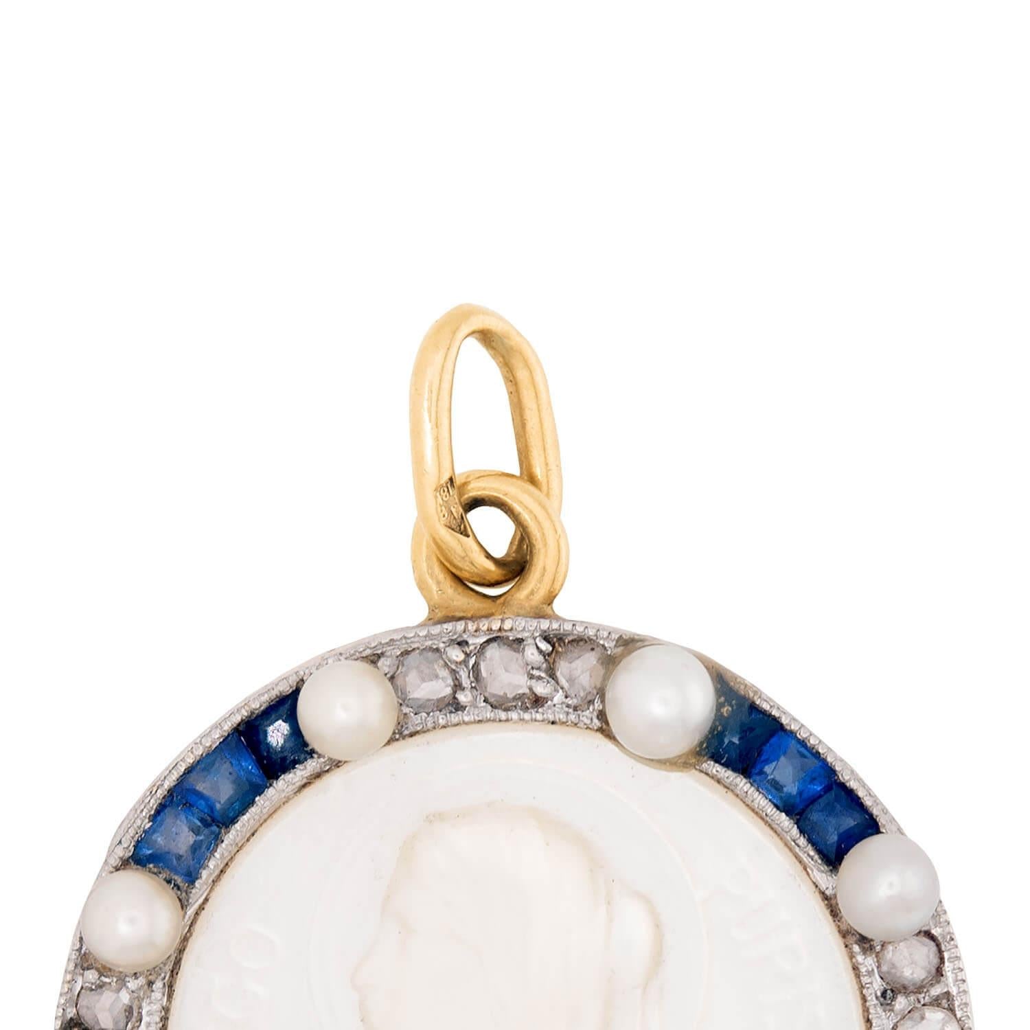 Art Deco 18k Mother of Pearl, Pearl, Sapphire, and Diamond Cameo Pendant