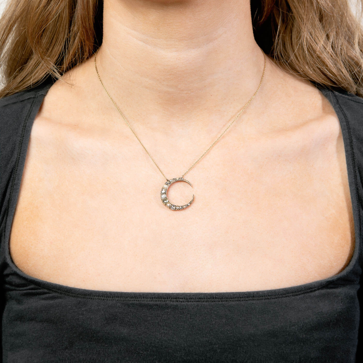 Victorian 14k/Sterling Silver Diamond & Pearl Crescent Pendant Necklace