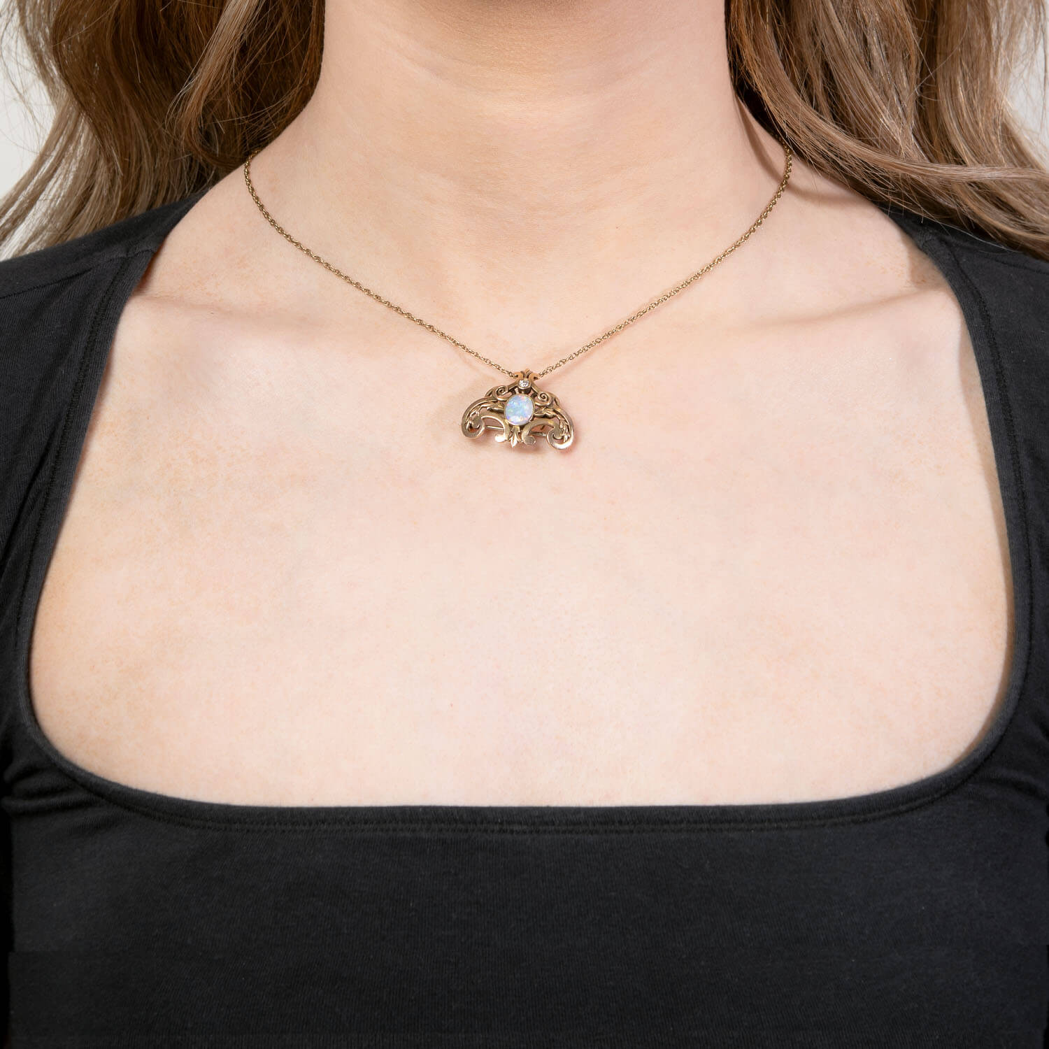 RIKER BROS. Art Nouveau 14k Opal and Diamond Lavalier Pin/Pendant