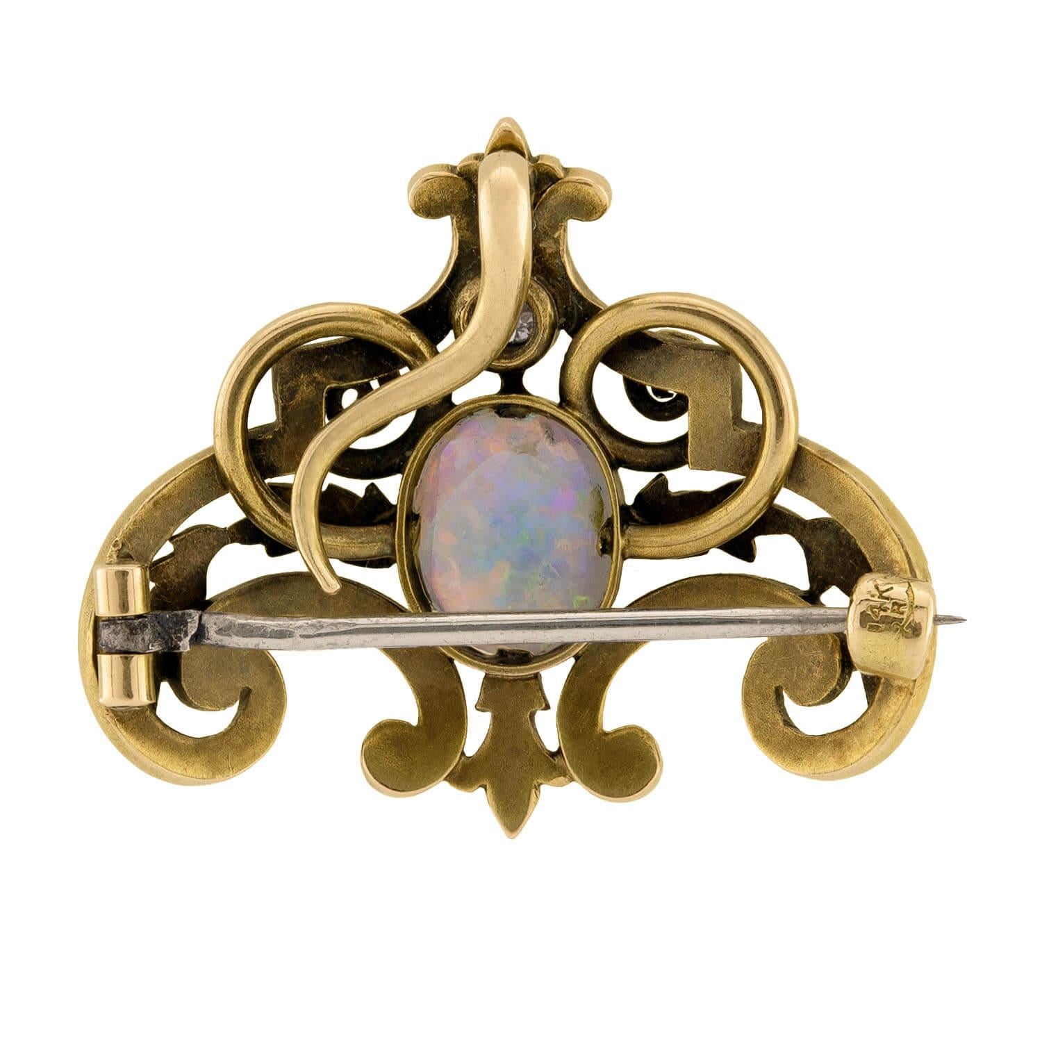 RIKER BROS. Art Nouveau 14k Opal and Diamond Lavalier Pin/Pendant