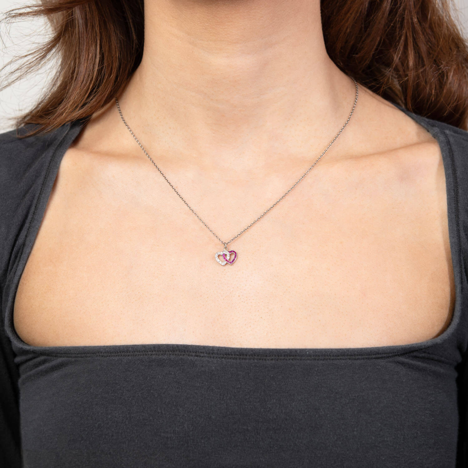 Retro Platinum Diamond & Ruby Double Heart Pendant/Charm