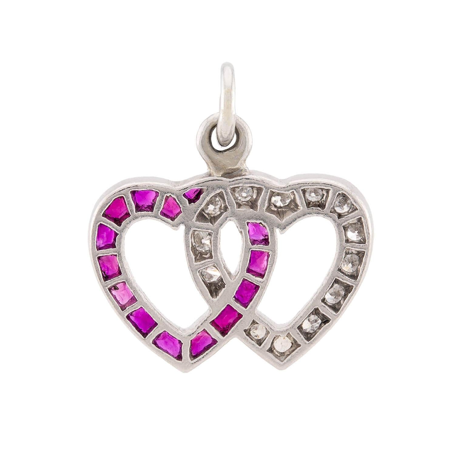 Retro Platinum Diamond & Ruby Double Heart Pendant/Charm