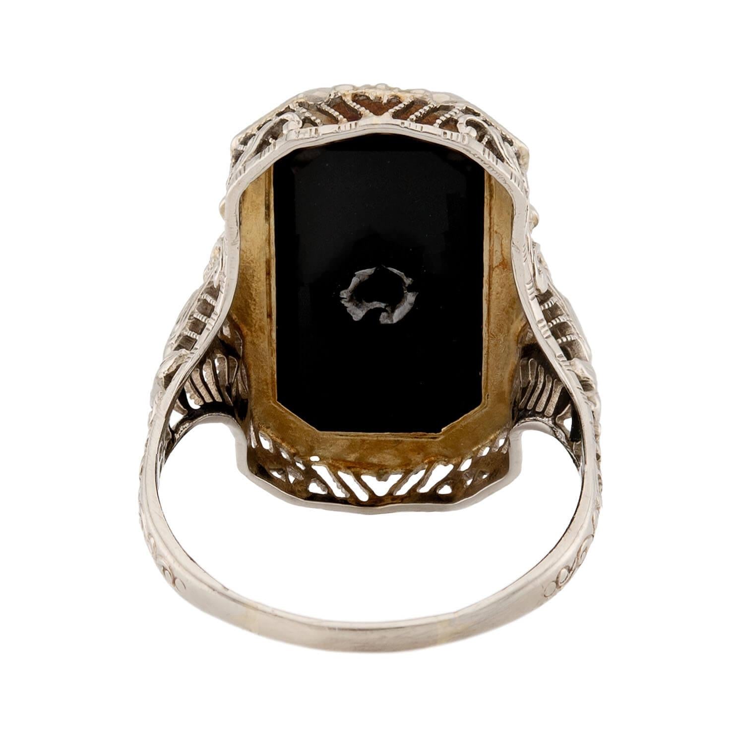Art Deco 14k Opal, Onyx, and Diamond Filigree Ring