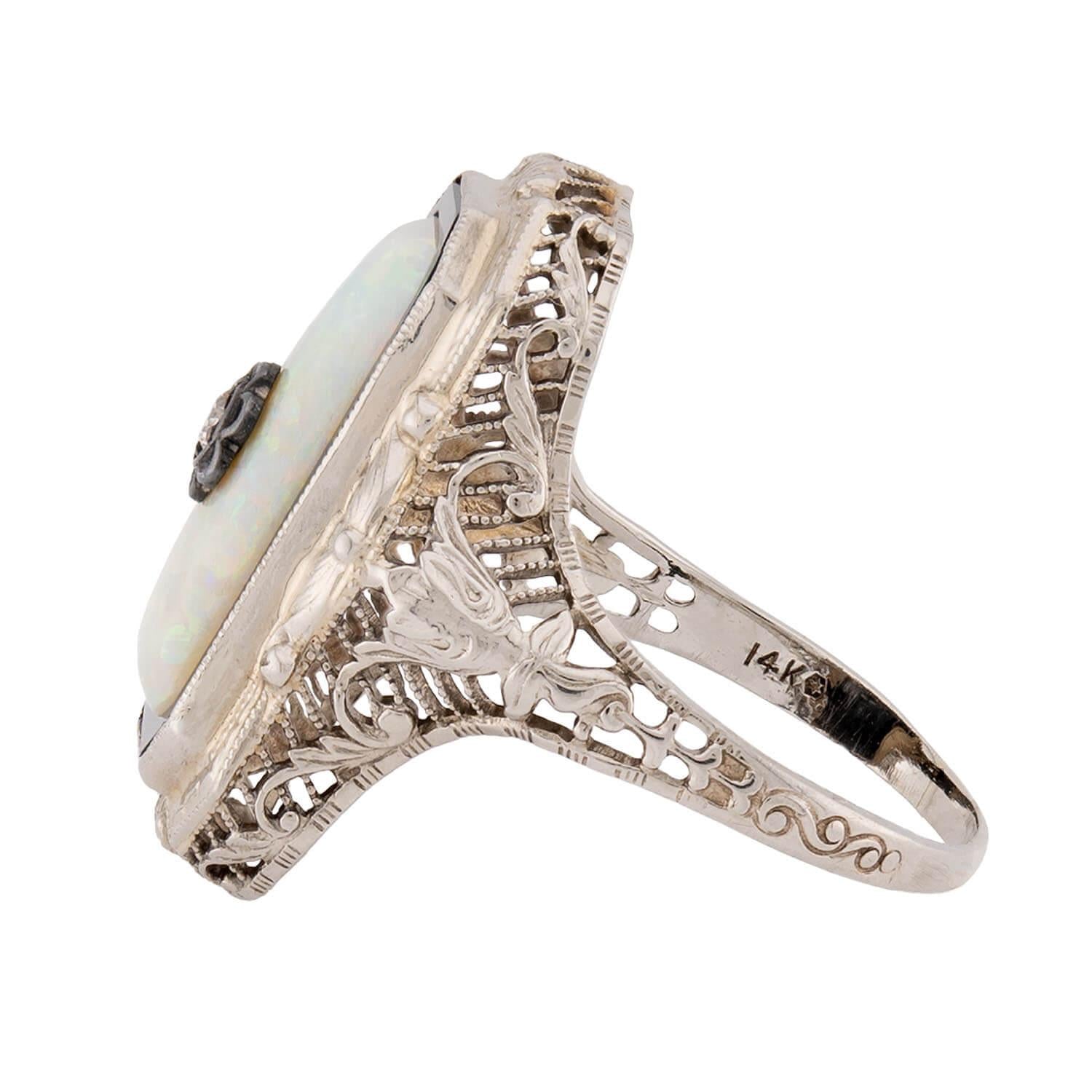 Art Deco 14k Opal, Onyx, and Diamond Filigree Ring