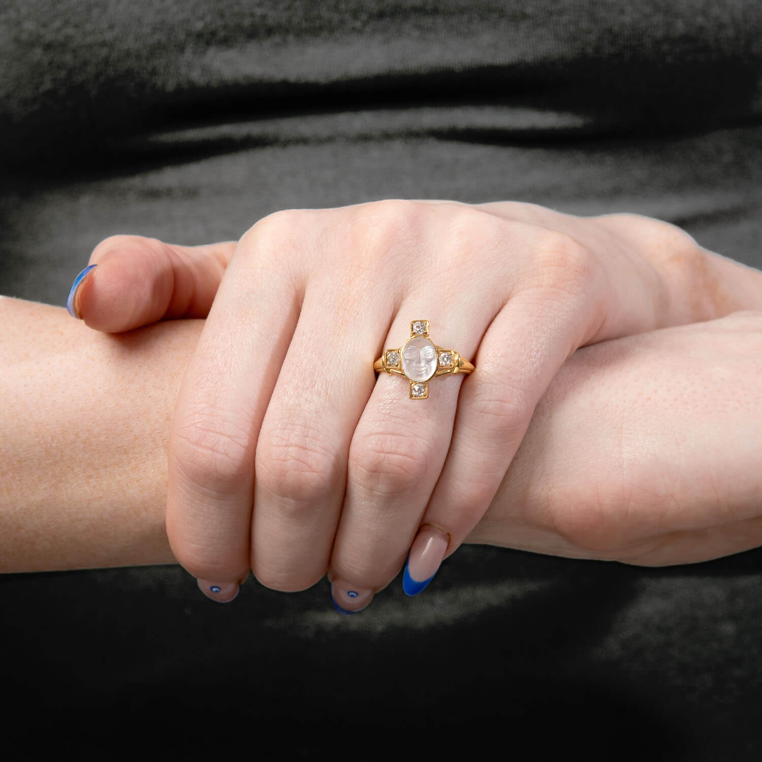 Edwardian 14k "Man In The Moon" Moonstone and Diamond Ring