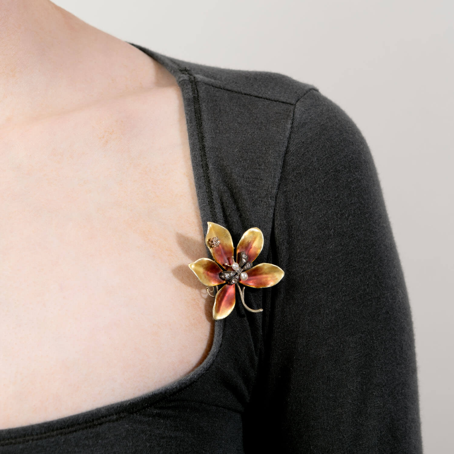 Victorian 14k Diamond, Pearl, and Enamel Flower Pin