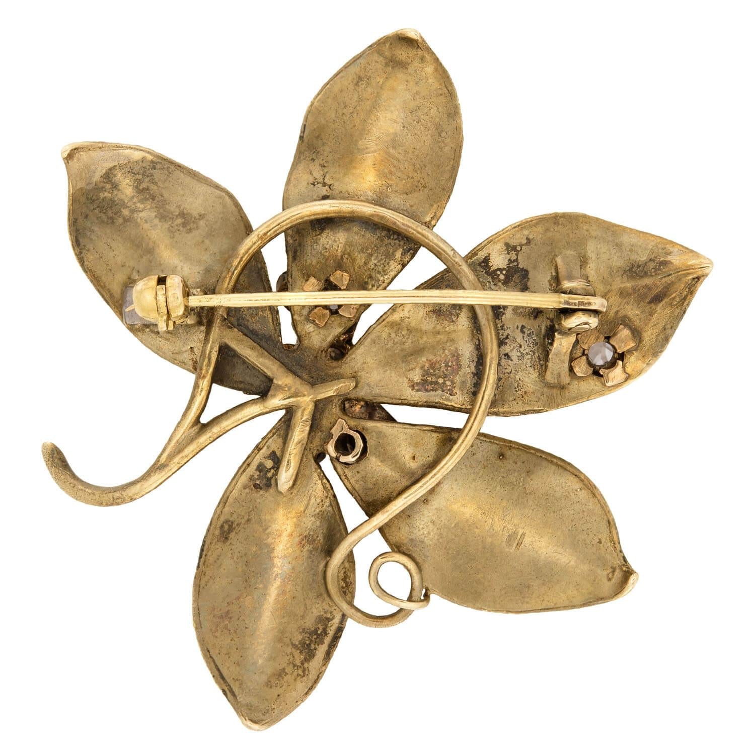 Victorian 14k Diamond, Pearl, and Enamel Flower Pin