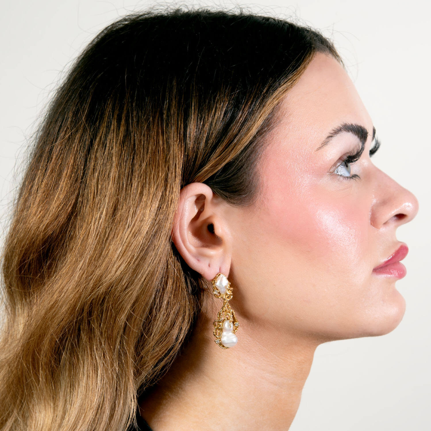 Retro 14k Pearl and Diamond Brutalist Dangle Earrings
