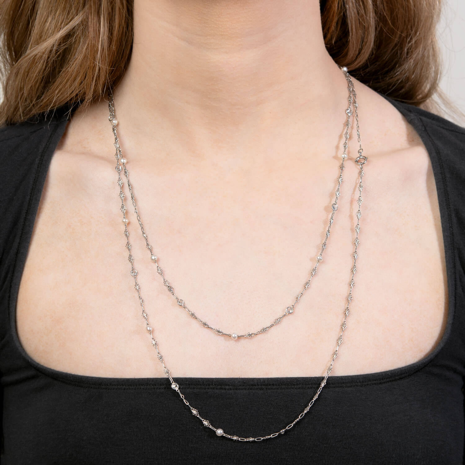 Edwardian Platinum Diamond and Pearl Chain 52"