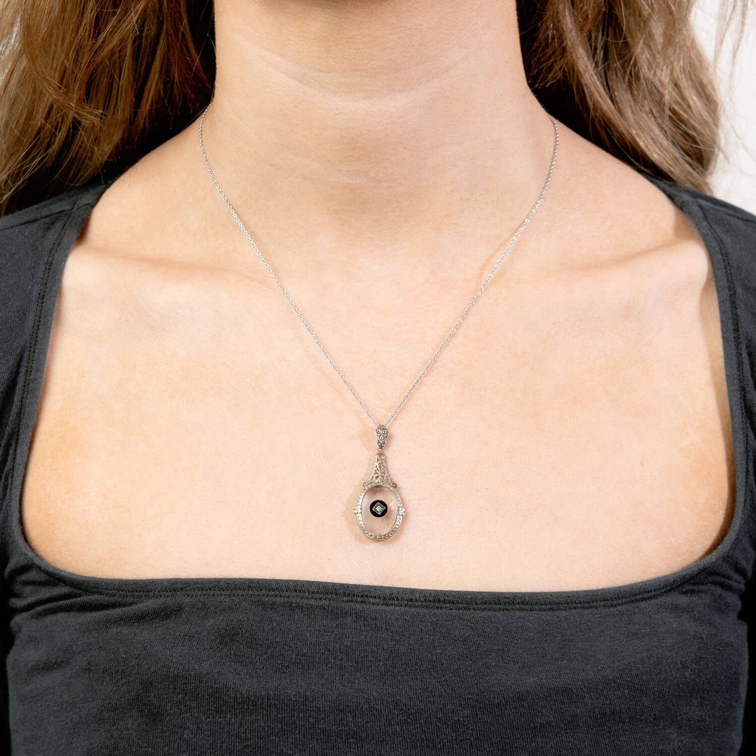 Art Deco 14k Rock Quartz Crystal, Onyx, and Diamond Pendant Necklace