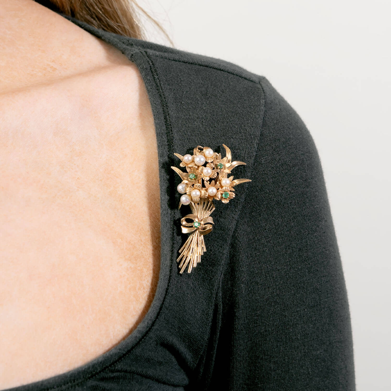 Retro 14k Pearl & Emerald Flower Bouquet Pin