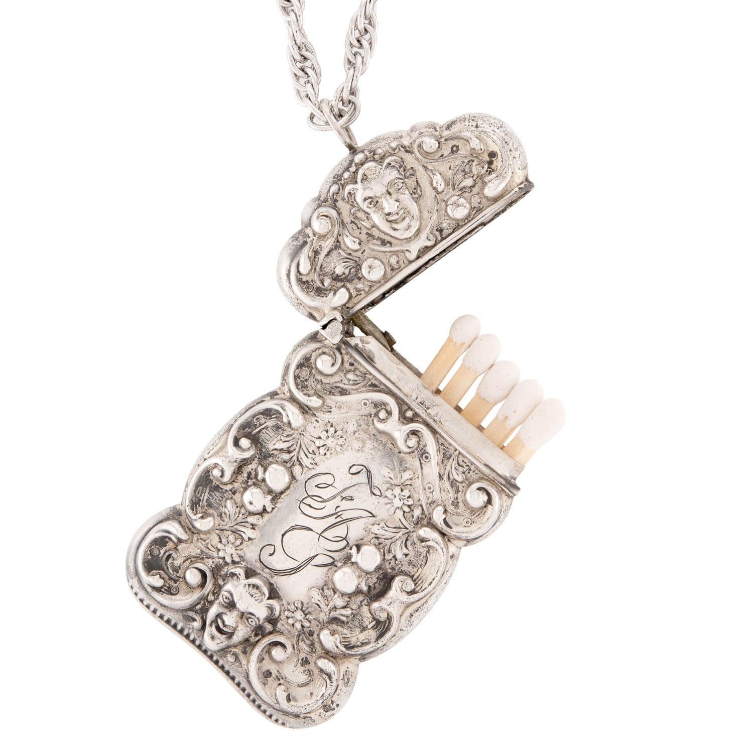 Victorian Sterling Silver Repoussé Match Safe Necklace