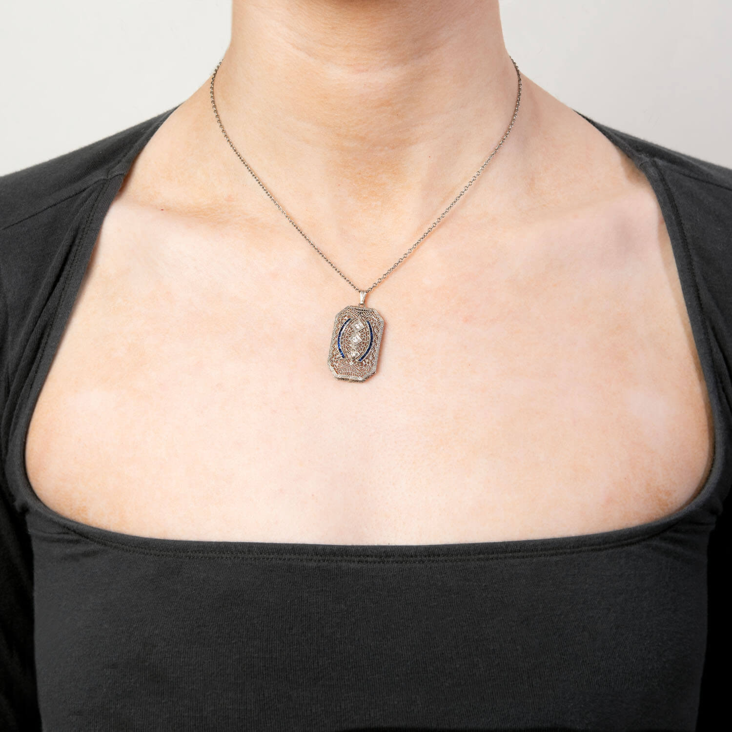 Art Deco 14k Diamond and Sapphire Filigree Pendant