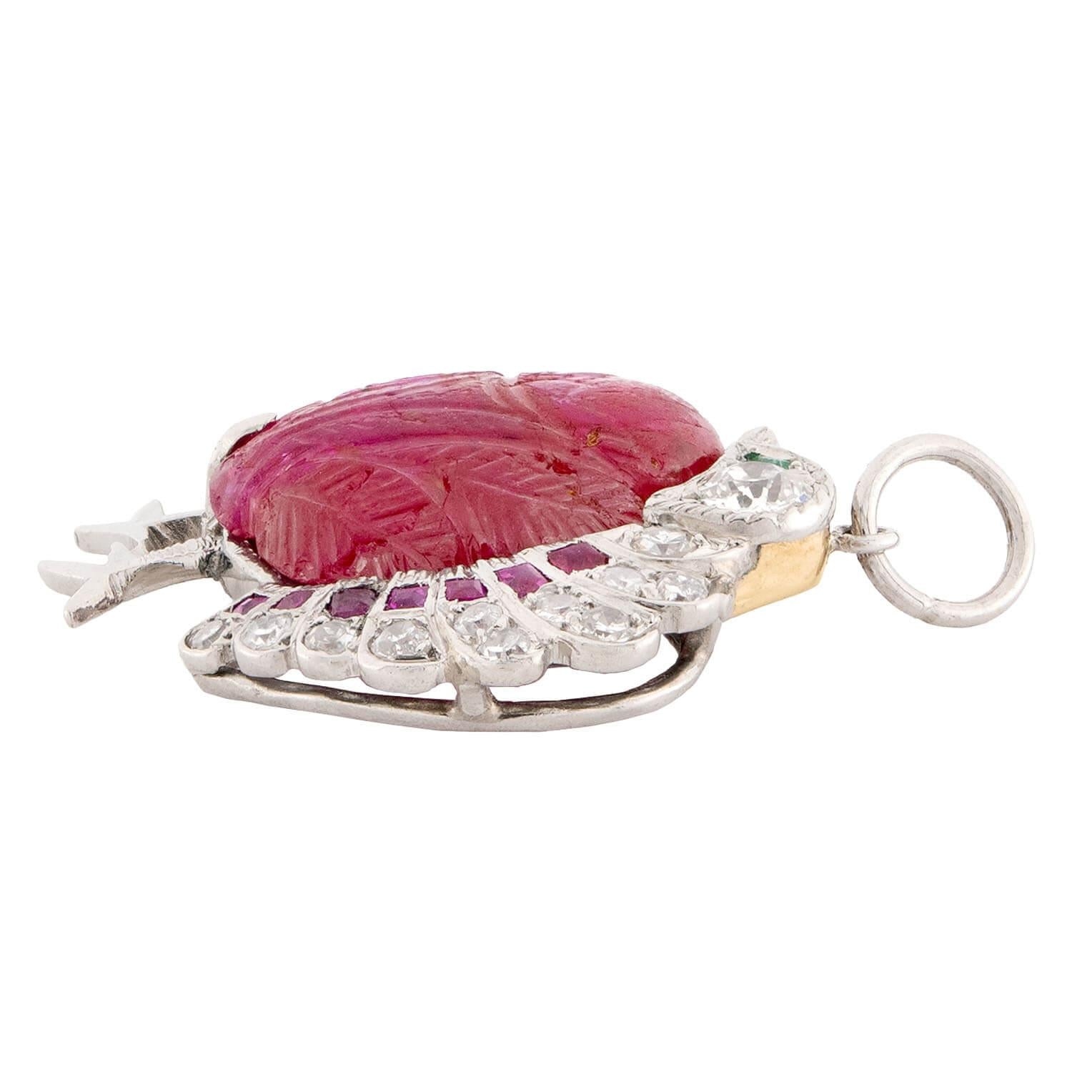 Retro Platinum Ruby, Emerald, & Diamond Turkey Pendant/Charm