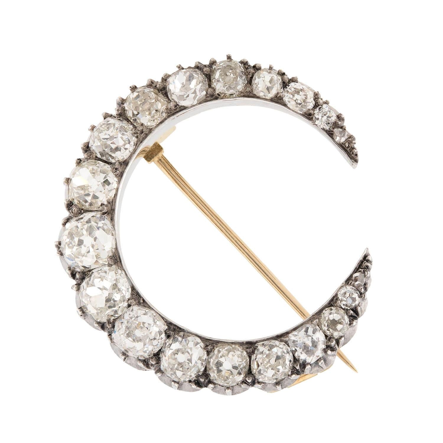 R. STEWART Victorian 18k/Sterling Silver Diamond Crescent Pin/Pendant