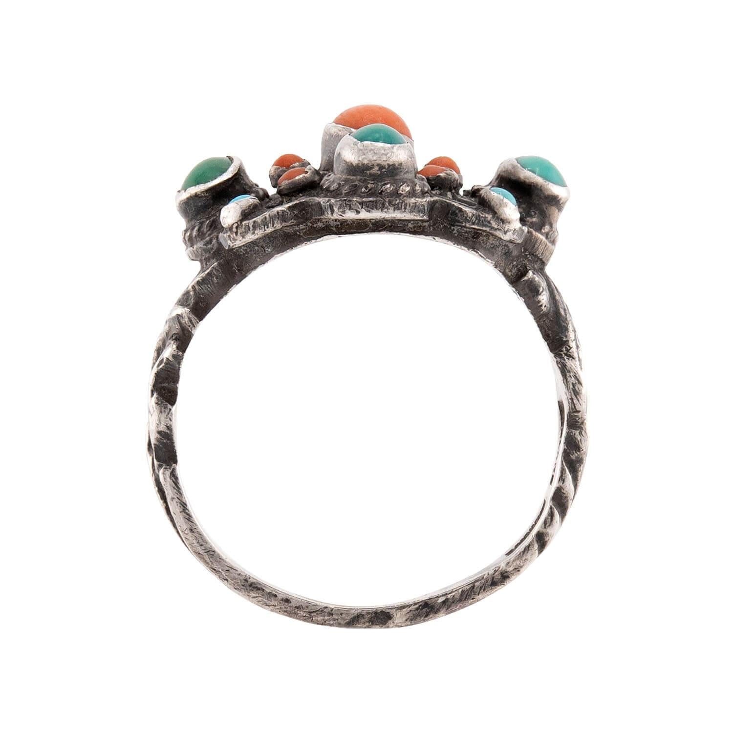 Art Deco English Sterling Silver Coral & Turquoise Ring