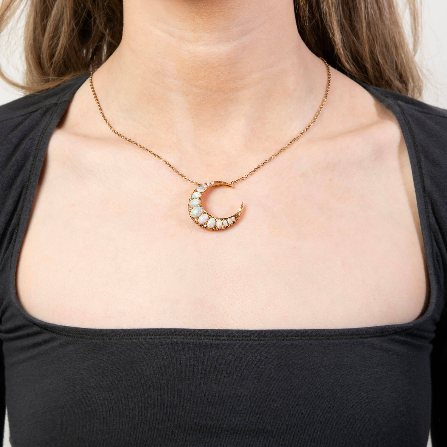 Victorian 18k Opal & Diamond Crescent Pendant Necklace