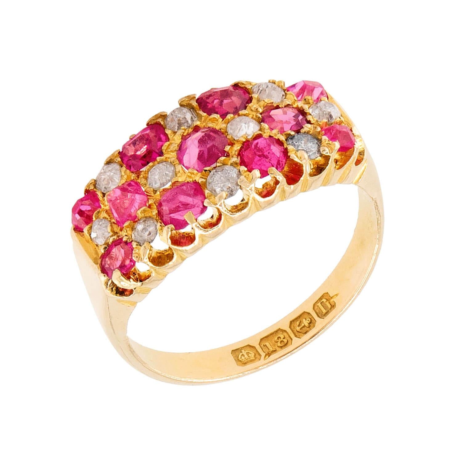 Edwardian English 18k Ruby & Diamond Checkerboard Ring