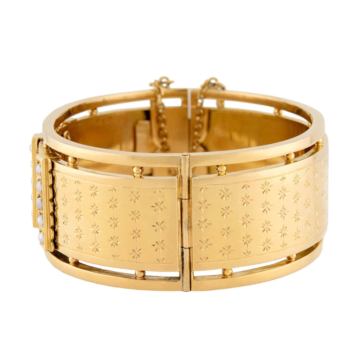 Victorian French 18k Pearl Hinged Cuff Bracelet