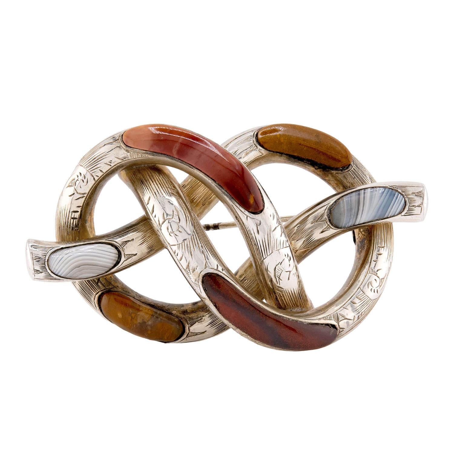 Victorian Sterling Silver Scottish Agate Knot-Motif Brooch