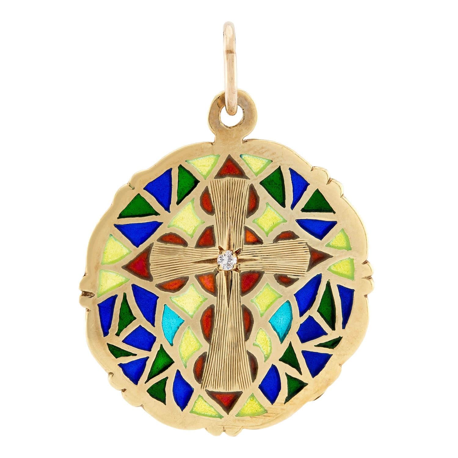LARTER & SONS Art Nouveau 14k Plique-À-Jour Diamond Cross Disc Pendant