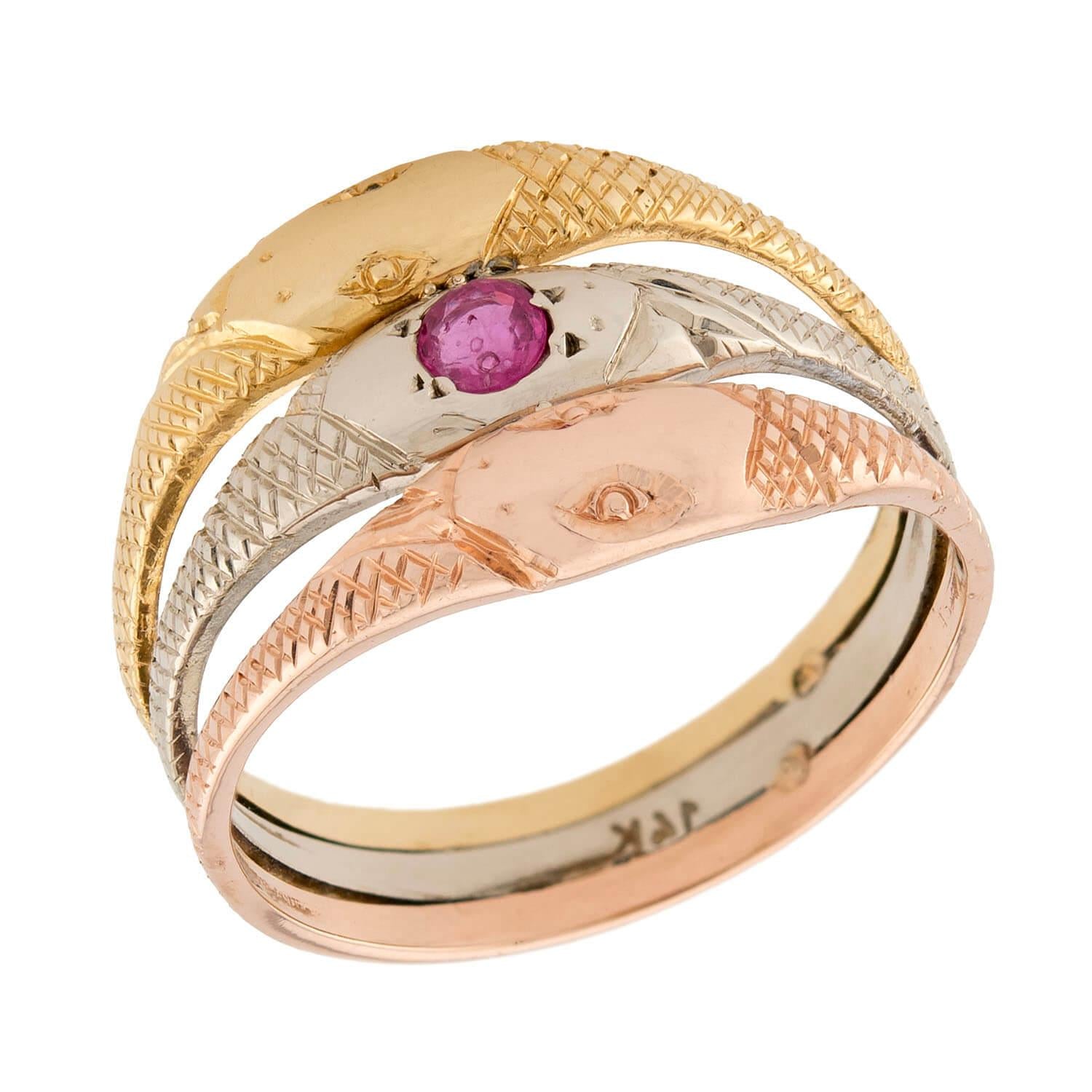 Art Nouveau 14k Mixed Metal Ruby Snake Ring