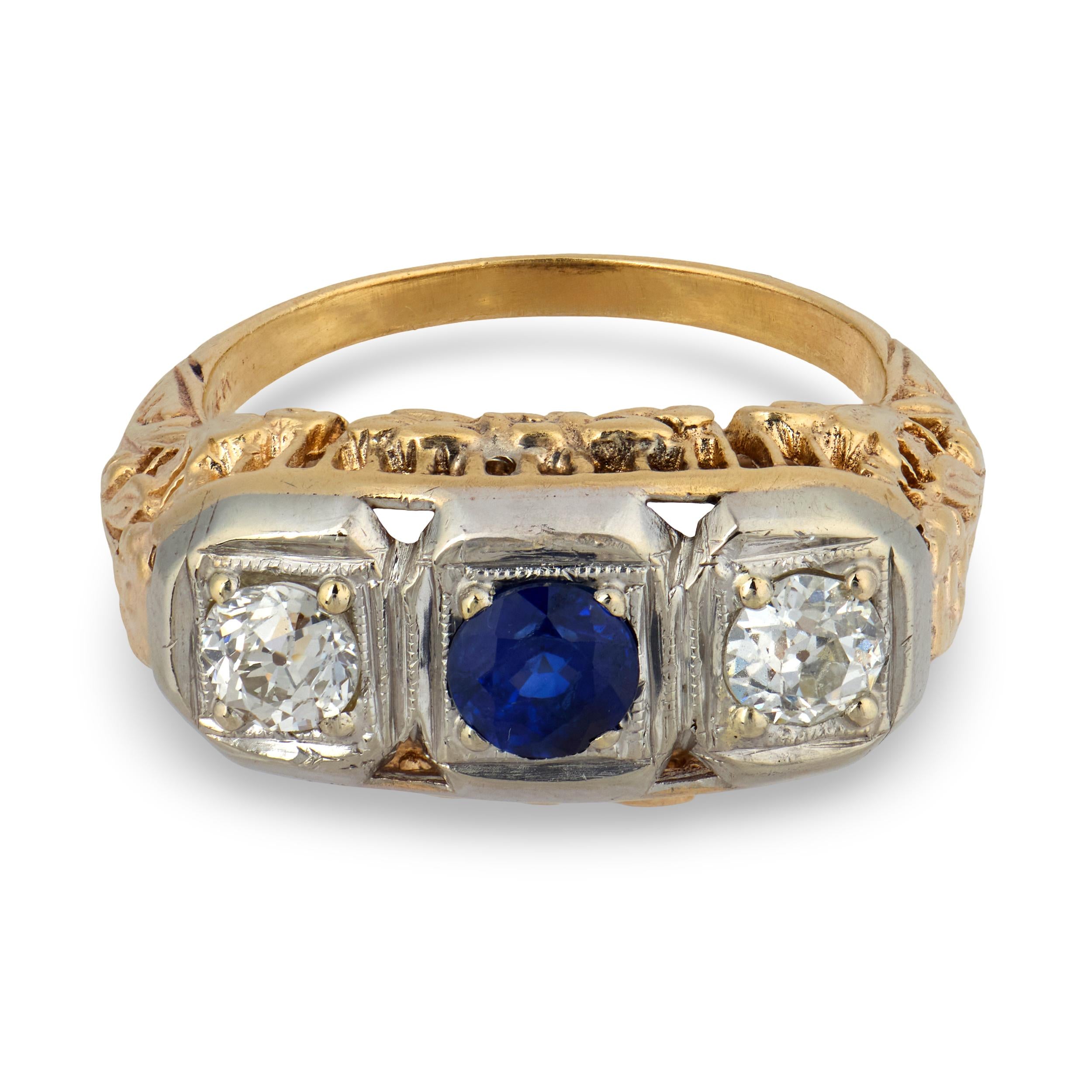 Edwardian 14k Sapphire & Diamond Three Stone Ring