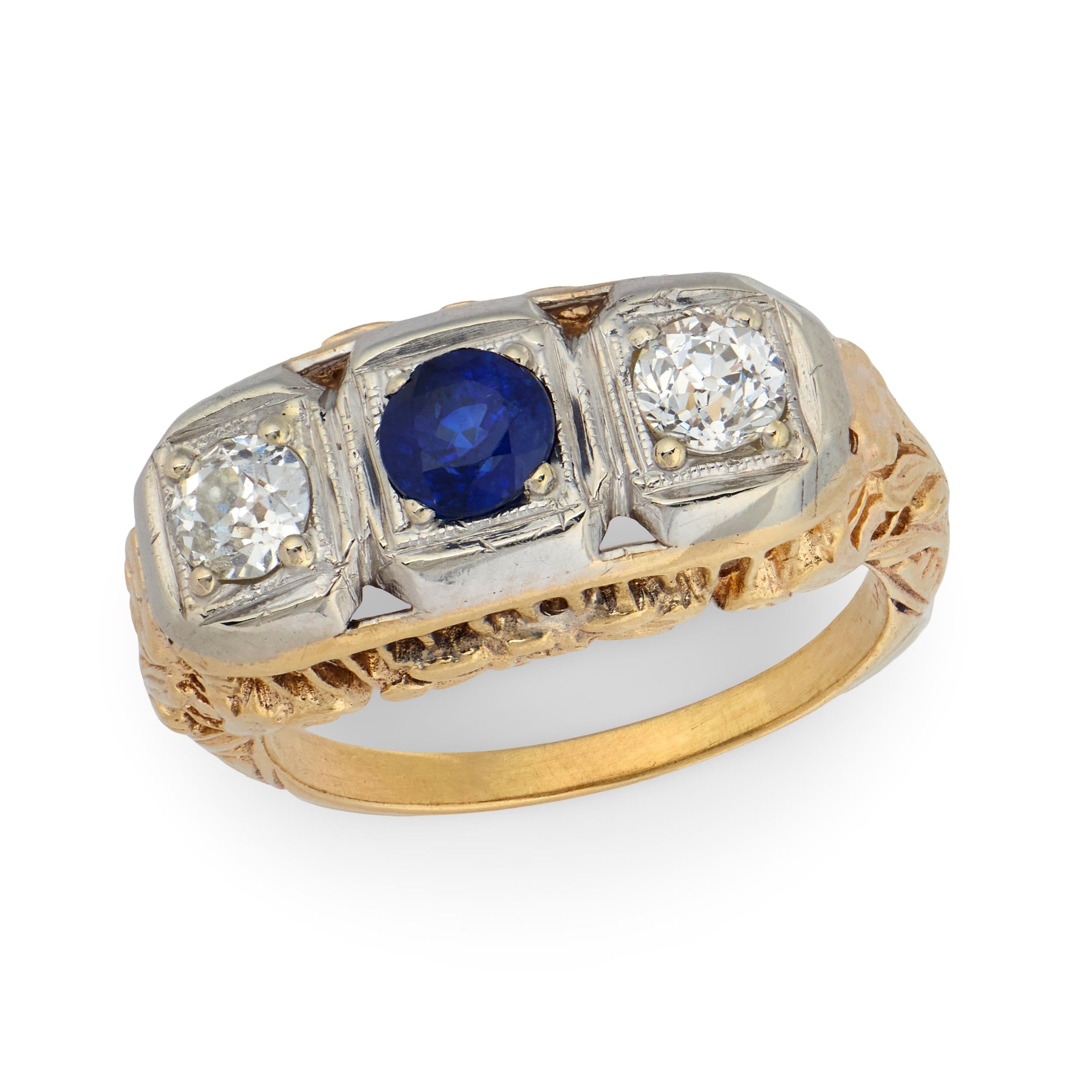 Edwardian 14k Sapphire & Diamond Three Stone Ring