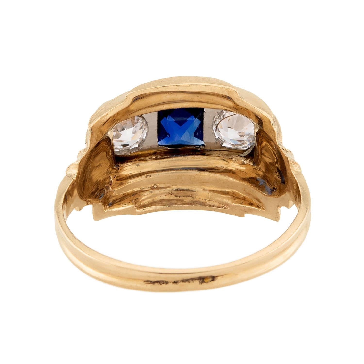 Retro 14k Sapphire & Diamond Three Stone Ring