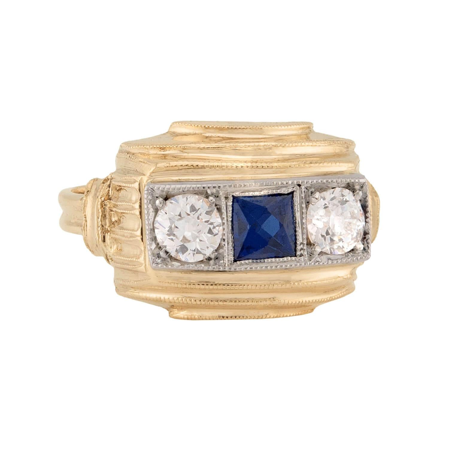 Retro 14k Sapphire & Diamond Three Stone Ring