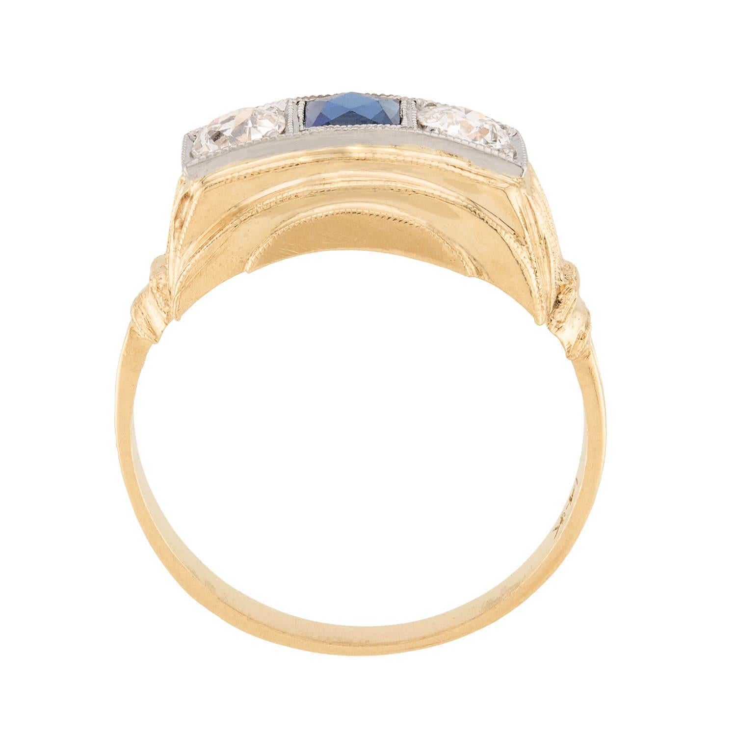 Retro 14k Sapphire & Diamond Three Stone Ring