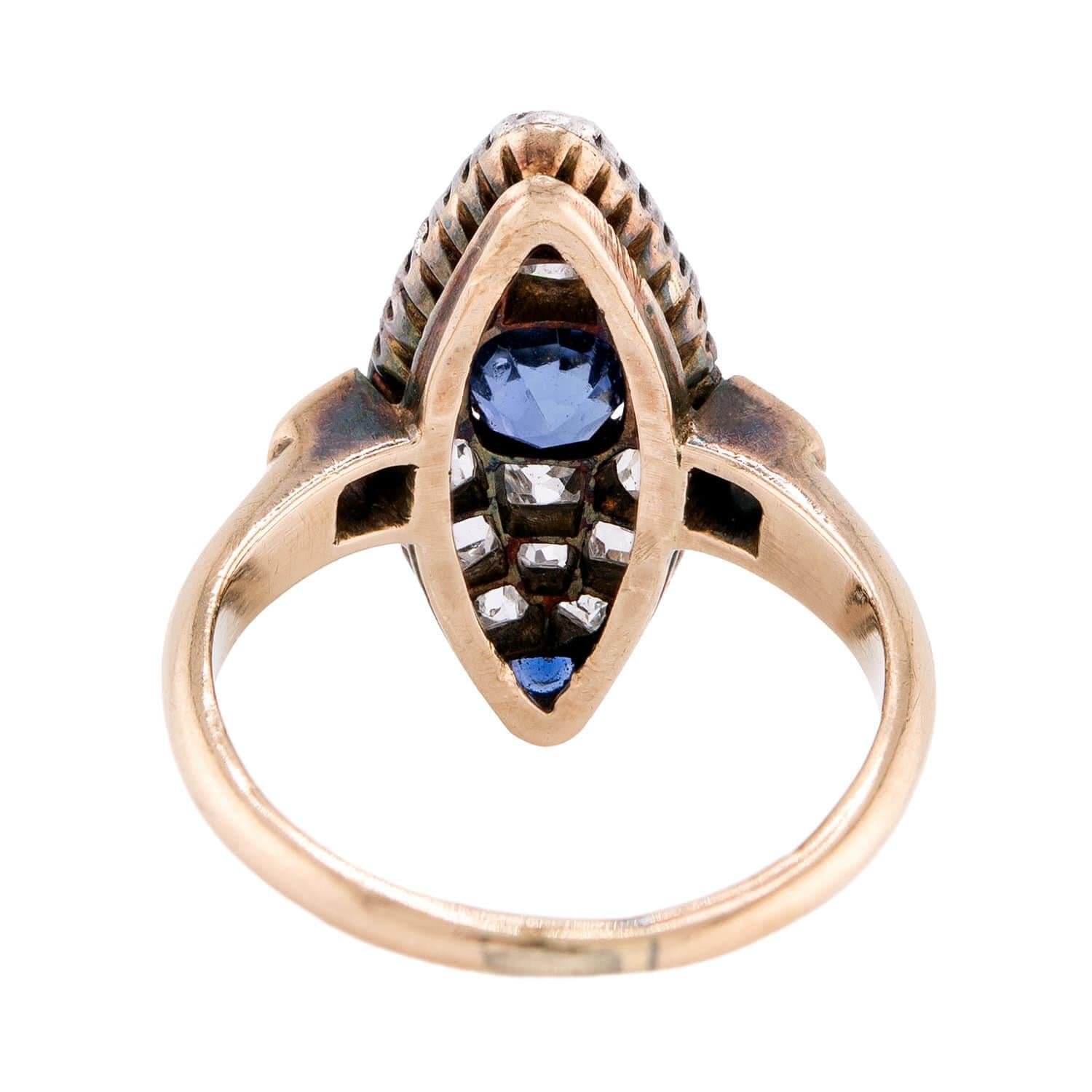 Victorian 14k/Sterling Silver Diamond & Sapphire Navette Ring