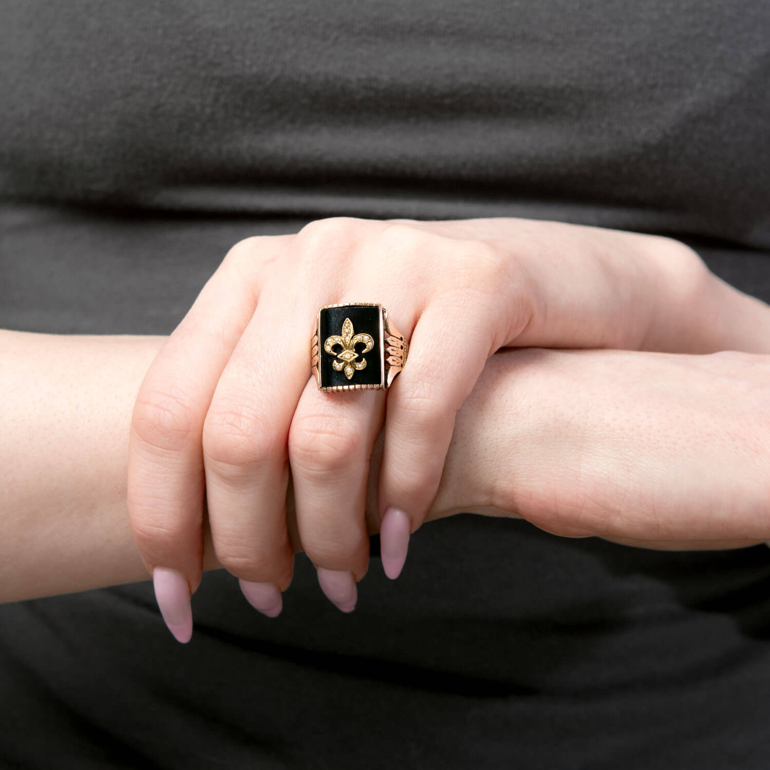 Victorian 10k Onyx & Pearl Fleur-De-Lis Ring