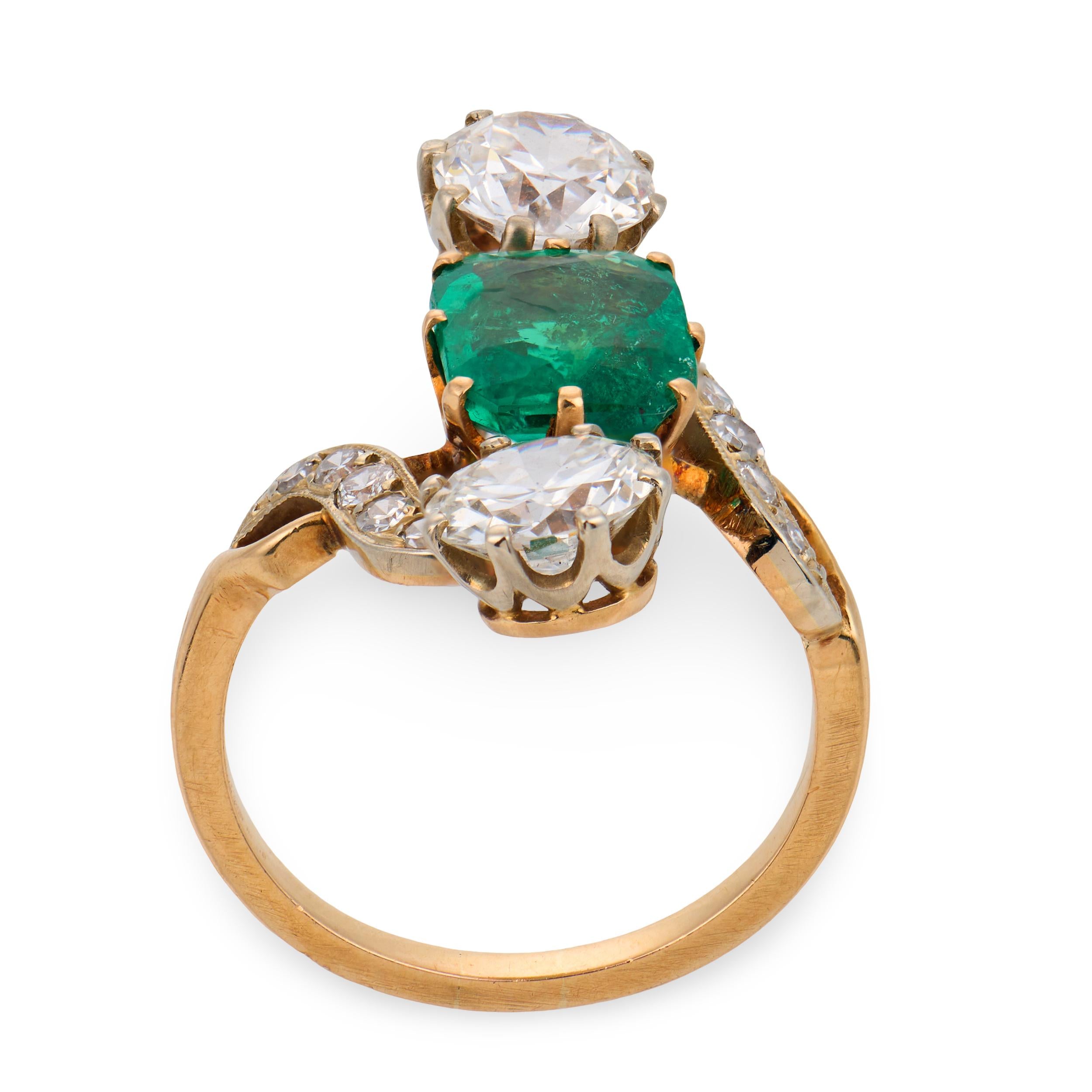 Art Nouveau French 18k/Platinum Emerald & Diamond Navette Ring